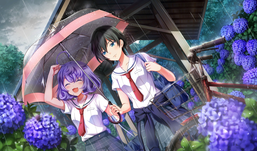2girls :d ^_^ ahoge arm_up asada_aoi bag bicycle black_hair blue_bag blurry cinderella_series closed_eyes closed_mouth clothes_around_waist depth_of_field dutch_angle flower game_cg gazebo green_eyes grey_skirt grey_sky hachigatsu_no_cinderella_nine highres holding holding_bag holding_umbrella hydrangea jacket jacket_around_waist looking_at_another multiple_girls necktie non-web_source official_art open_mouth outdoors plaid_clothes plaid_skirt pleated_skirt purple_flower purple_hair rain red_necktie sailor_collar satogahama_school_uniform school_bag school_uniform serafuku shirt short_hair short_sleeves skirt sky smile snail summer_uniform transparent transparent_umbrella tsukumo_kana umbrella white_sailor_collar white_shirt