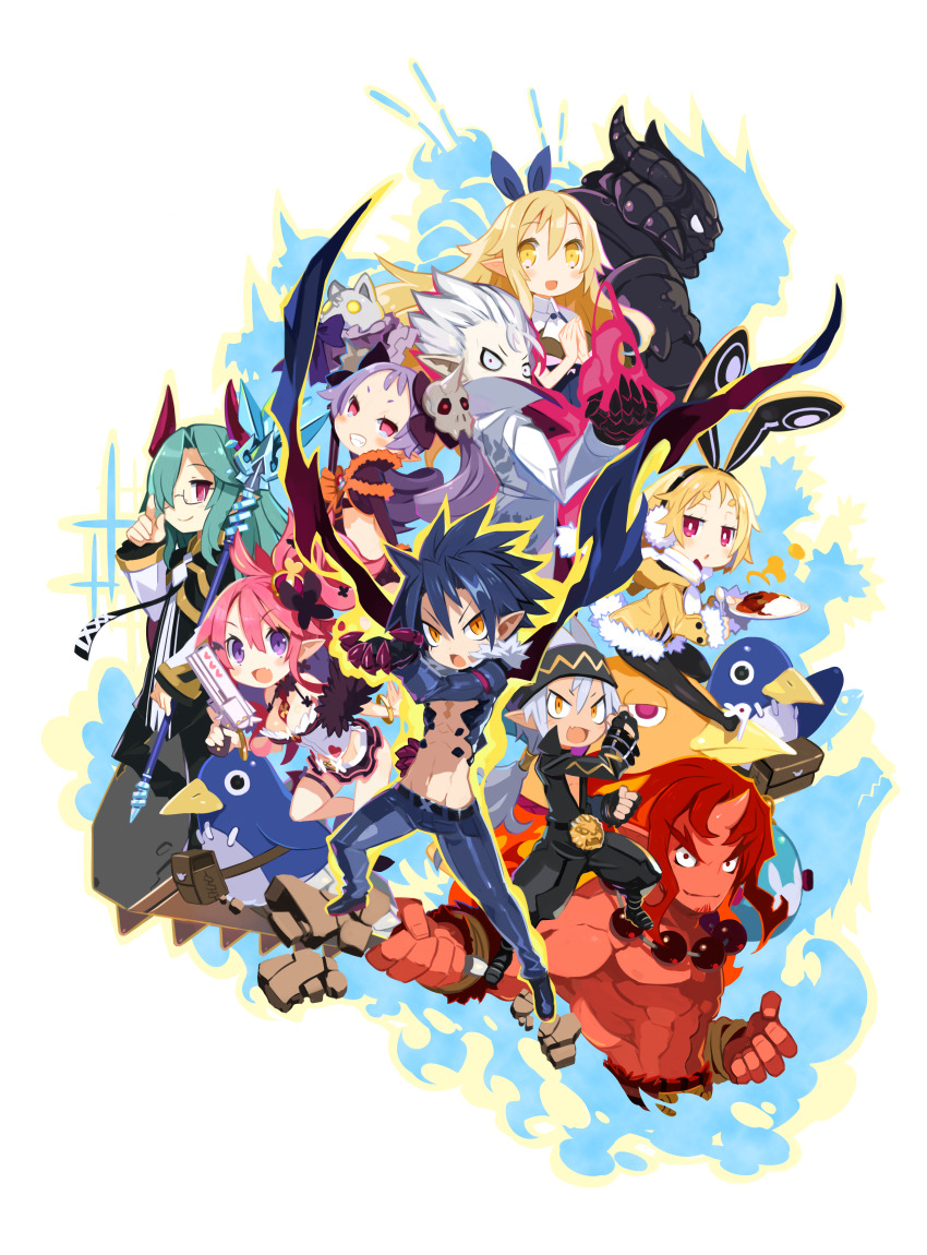 4girls 6+boys :o absurdres adjusting_eyewear animal_ears arched_crown armor black_hair black_pantyhose blonde_hair bloodis_(disgaea) boots breasts bright_pupils christo_(disgaea) cleavage club_(weapon) colored_skin constricted_pupils crown curry disgaea earrings fake_animal_ears fang food full_armor fur_trim gloves green_hair grey_hair grin gun handgun headband headphones highres holding holding_club holding_gun holding_plate holding_spoon holding_staff holding_wand holding_weapon horns jewelry jitome killia_(disgaea) liezerota_(disgaea) long_hair long_sleeves looking_at_viewer majorita_(disgaea) makai_senki_disgaea_5 miniskirt multiple_boys multiple_girls muscular muscular_male necktie no_pupils official_art open_mouth pantyhose photoshop_(medium) pink_hair plate prinny purple_eyes purple_hair rabbit_ears rabbit_tail rectangular_eyewear red_crown red_eyes red_hair red_magnus red_skin revolver rice scar seraphina_(disgaea) short_hair short_necktie single_horn skin_fang skirt smile spoon staff tail thigh_strap twintails updo usalia_(disgaea) void_dark_(disgaea) wand weapon white_hair yellow_eyes zeroken_(disgaea)
