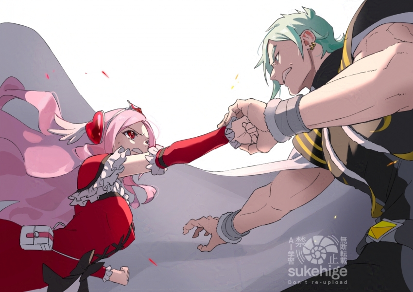 1boy 1girl breasts clenched_hand cure_passion diamond-shaped_brooch dress earrings eas_(fresh_precure!) fighting floating_hair fresh_precure! frilled_dress frilled_sleeves frills gloves green_eyes hair_ornament hair_wings hands_on_another&#039;s_hands heart heart_hair_ornament higashi_setsuna jewelry looking_at_another looking_to_the_side muscular muscular_male open_clothes open_mouth phone_in_pocket pink_hair precure raised_fist red_eyes ribbon sideboob skinny sleeveless sukehige sweat sweatdrop wester_(fresh_precure!) wing_hair_ornament wrinkled_skin wristband
