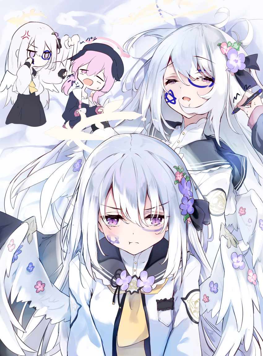2girls 5nikorai :t absurdres angel_wings anger_vein angry azusa_(blue_archive) black_bow black_sailor_collar blue_archive blush bow chibi chibi_inset closed_mouth commentary crescent_halo drawing_on_another&#039;s_face drooling eyelashes feathered_wings flower hair_bow hair_flower hair_ornament half-closed_eyes halo highres holding holding_pen jitome koharu_(blue_archive) lace-trimmed_sailor_collar leaf_hair_ornament long_hair looking_at_another looking_at_viewer low_wings lying motion_lines mouth_drool multiple_girls neckerchief on_back open_mouth pen pink_flower pink_halo pout prank purple_eyes purple_flower sailor_collar school_uniform serafuku shirt sidelocks simple_background sleeping solo_focus sound_effects split_mouth straight-on straight_hair tears v-shaped_eyebrows white_background white_hair white_shirt white_wings wings yellow_halo yellow_neckerchief