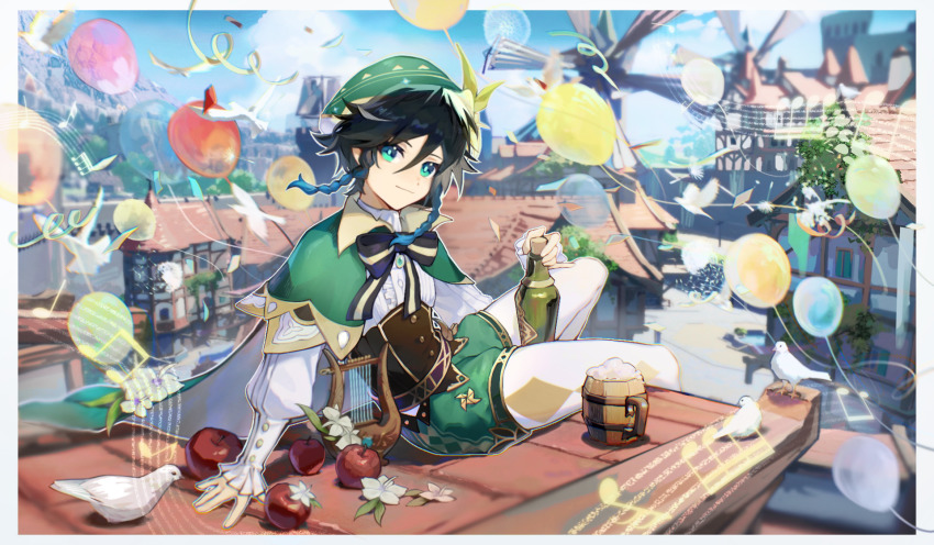 1boy apple balloon beer_mug beret bird black_hair blue_hair bottle braid building cape commentary_request confetti corset cup food fruit genshin_impact green_cape green_hat green_shorts hair_between_eyes hat highres holding holding_bottle long_sleeves male_focus mug outdoors pantyhose shirt shorts sitting snowflake_(diodarja) solo twin_braids venti_(genshin_impact) white_pantyhose white_shirt