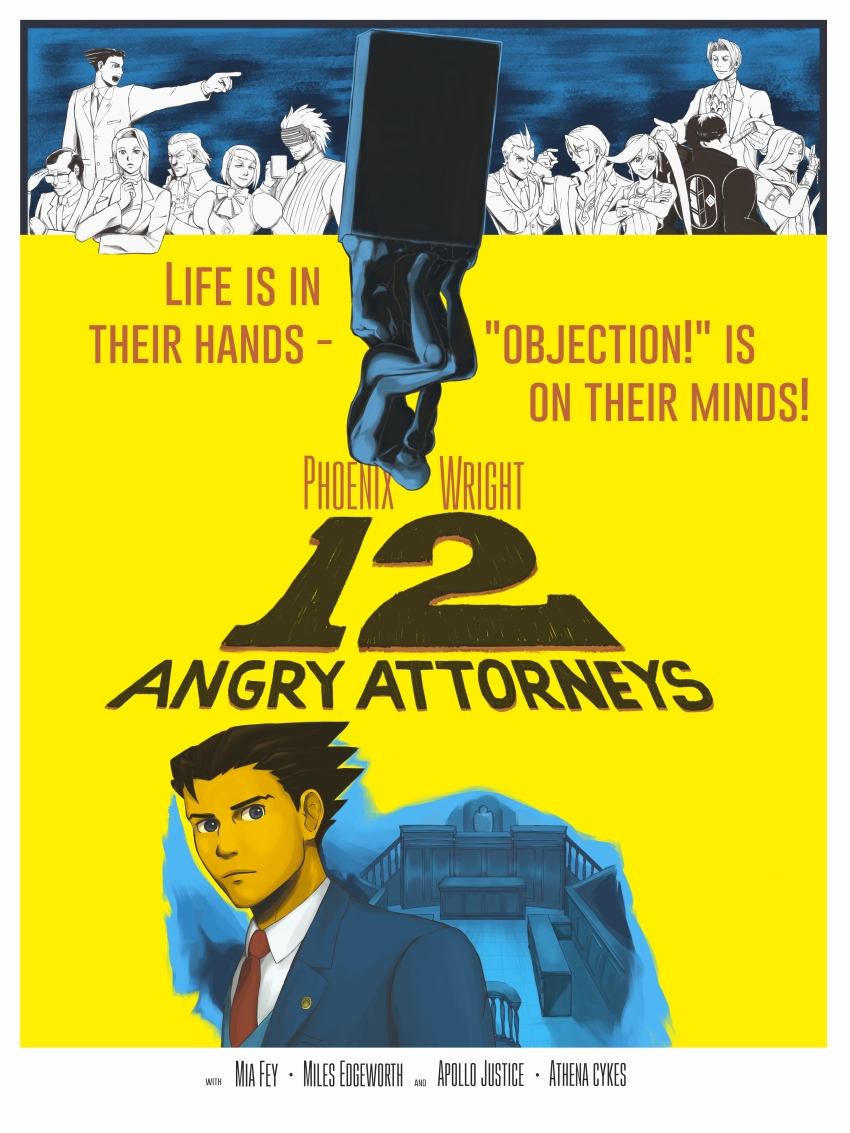 12_angry_men 3girls 6+boys absurdres ace_attorney apollo_justice athena_cykes blue_jacket cup english_text feboee formal_clothes franziska_von_karma godot_(ace_attorney) highres holding holding_cup jacket klavier_gavin krita_(medium) long_hair long_sleeves manfred_von_karma mia_fey miles_edgeworth multiple_boys multiple_girls nahyuta_sahdmadhi necktie objection phoenix_wright pointy_hair poster_parody red_necktie short_hair simon_blackquill suit the_thinker winston_payne