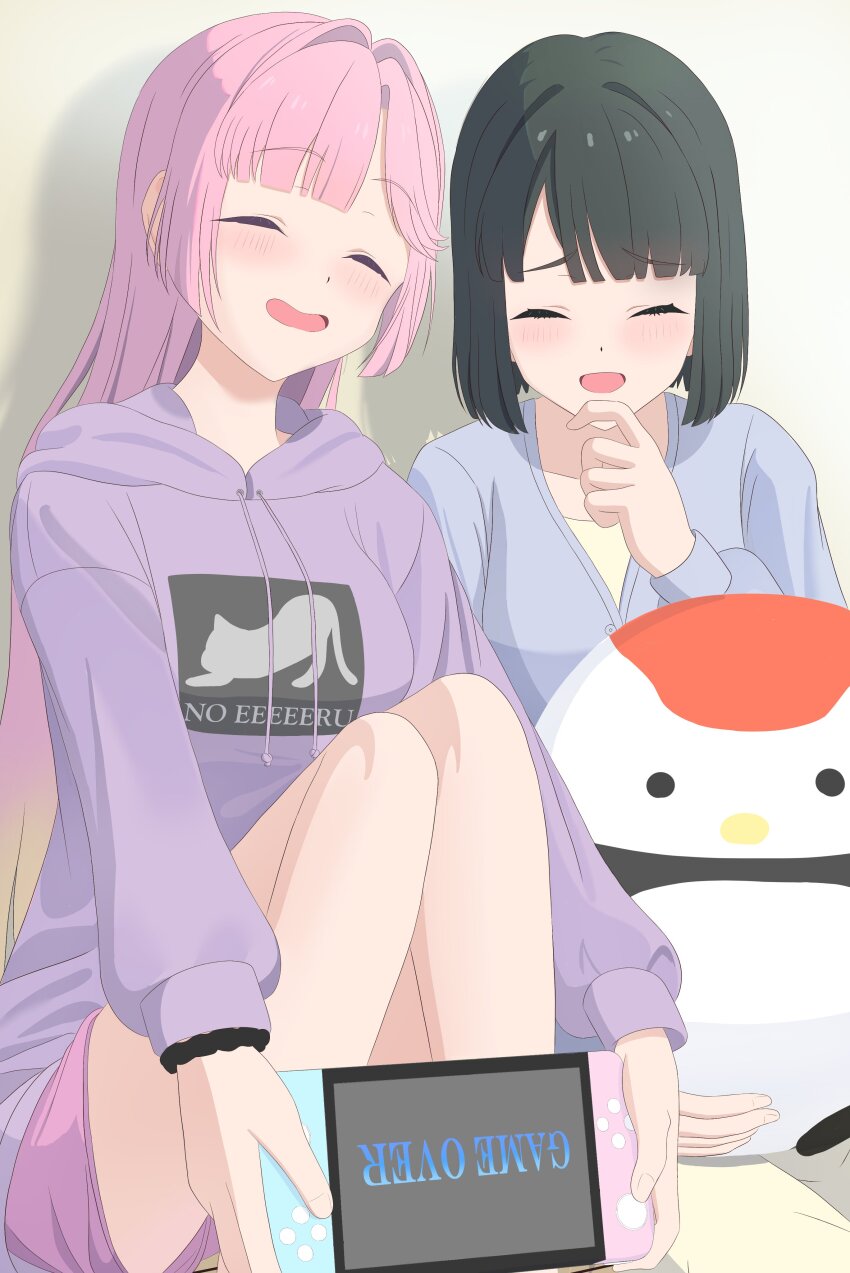 2girls :d ^_^ absurdres ahoge anyoji_hime anyoji_hime_(winter_loungewear) black_hair blonde_hair blue_cardigan blunt_bangs blunt_ends blush cardigan closed_eyes commentary drawstring feet_out_of_frame game_over gradient_hair hair_down handheld_game_console highres holding holding_handheld_game_console hood hoodie link!_like!_love_live! long_hair long_sleeves loungewear love_live! momose_ginko momose_ginko_(summer_loungewear) morio_(mmorio_mu) multicolored_hair multiple_girls nintendo_switch official_alternate_costume official_alternate_hairstyle open_mouth pink_hair pink_shorts puffy_long_sleeves puffy_sleeves purple_hoodie short_hair shorts sidelocks smile stuffed_animal stuffed_bird stuffed_toy swept_bangs tsuru_(love_live!) very_long_hair virtual_youtuber