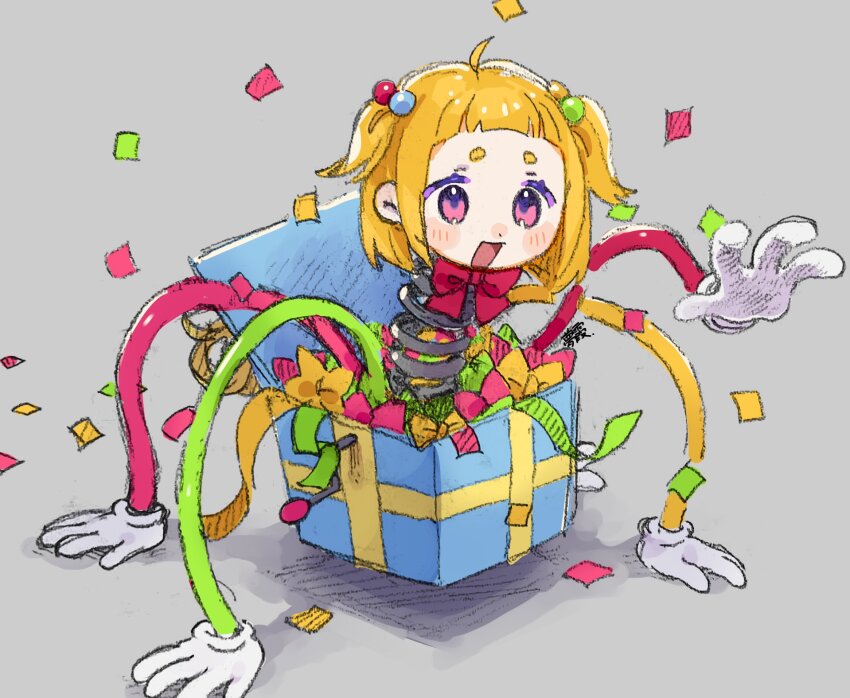 1girl ahoge akubimtcat blonde_hair blush_stickers box commentary_request gift gift_box gloves grey_background hair_bobbles hair_ornament highres jack-in-the-box mimic monster_girl open_mouth original pink_eyes short_hair simple_background smile solo two_side_up white_gloves