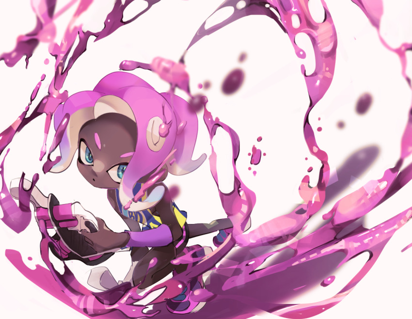 1girl arm_warmers bare_shoulders bike_shorts black_shorts blue_eyes dark-skinned_female dark_skin holding koike3582 long_hair nintendo octoling octoling_girl octoling_player_character pink_hair shoes shorts simple_background single_arm_warmer single_vertical_stripe solo splatoon_(series) suction_cups tentacle_hair tetra_dualies_(splatoon) white_background