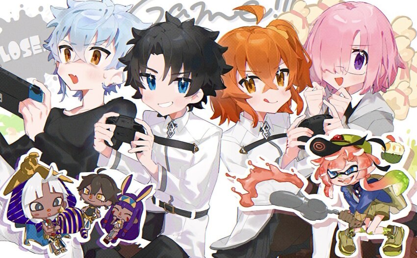 4boys 4girls ahoge animal_crossing black_hair black_shirt blue_eyes brown_eyes brown_gloves fang fate/grand_order fate_(series) fujimaru_ritsuka_(female) fujimaru_ritsuka_(male) glasses gloves grey_hair hair_over_one_eye hat kadoc_zemlupus mash_kyrielight multiple_boys multiple_girls nintendo nintendo_switch nintendo_switch_pro_controller nitocris_(fate) one_side_up orange_eyes orange_hair ozymandias_(fate) painbrush_(splatoon) pink_hair purple_eyes purple_hair shirt skin_fang smile splatoon_(series) takumi_(hkhkgohan) tutankhamun_(fate) tutankhamun_(second_ascension)_(fate) van_gogh_(fate) van_gogh_(miner)_(fate)