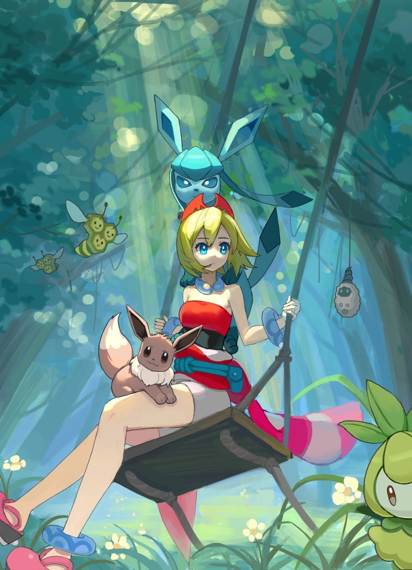 1girl azhi1997 blonde_hair blue_eyes bracelet burmy combee commentary_request day eevee flower from_below gen_1_pokemon gen_4_pokemon gen_5_pokemon glaceon grass hairband highres holding irida_(pokemon) jewelry nintendo on_swing outdoors petilil pink_shoes pokemon pokemon_(creature) pokemon_legends:_arceus red_hairband red_shirt sash shirt shoes short_hair shorts sitting strapless strapless_shirt swing tree