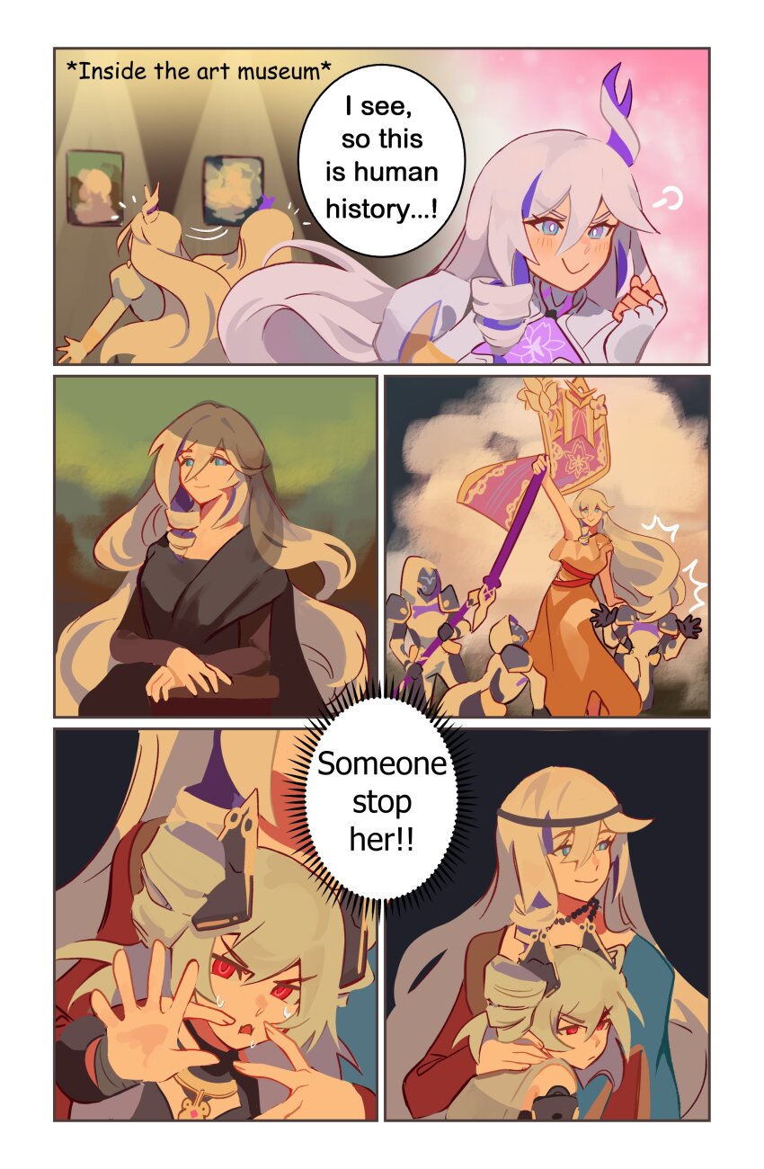 2girls absurdres banner blue_eyes comic commentary drill_hair english_commentary english_text fine_art_parody fingerless_gloves gloves grey_hair hair_ornament hand_on_another&#039;s_shoulder misteln_schariac highres honkai_(series) honkai_impact_3rd liberty_leading_the_people long_hair mararu mona_lisa multiple_girls open_mouth parody parody_request prometheus_(honkai_impact) red_eyes second-party_source seeds_of_ideas_(honkai_impact) speech_bubble sweat nervous_sweating twintails very_long_hair