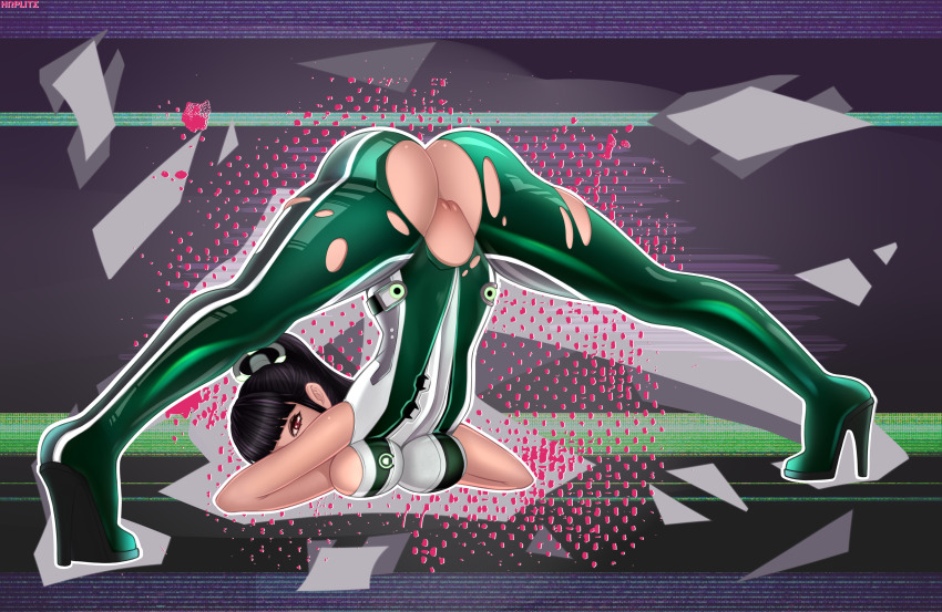 absurdres ass bodysuit breasts brown_hair eve_(stellar_blade) green_bodysuit high_heels highres hoplitearts huge_ass jack-o&#039;_challenge large_breasts planet_diving_suit_(7th)_(stellar_blade) ponytail pussy spread_legs stellar_blade top-down_bottom-up torn_clothes wide_hips