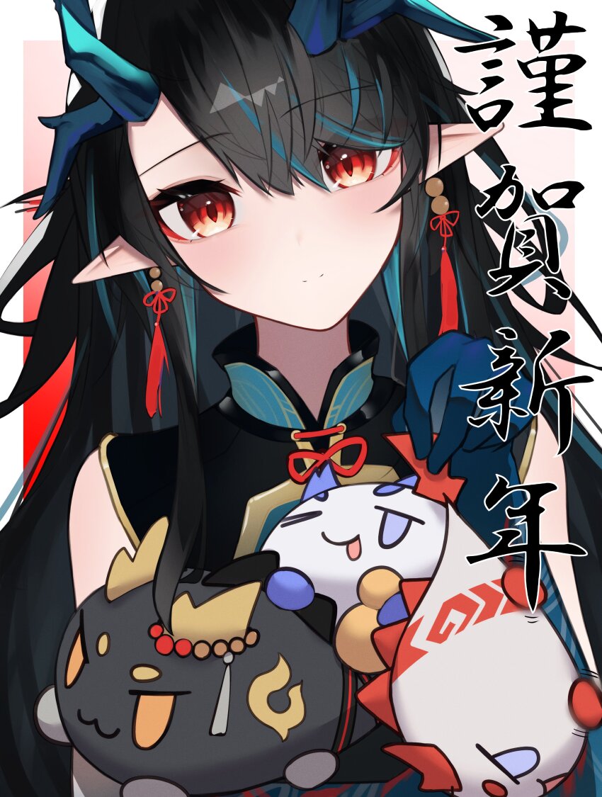 1girl absurdres aqua_hair aqua_horns arknights bare_shoulders black_dress black_hair character_doll closed_mouth commentary_request doll dress dusk_(arknights) earrings eyes_visible_through_hair hair_between_eyes head_tilt high_collar highres holding horns jewelry light_blush light_smile long_hair looking_at_viewer multicolored_hair orange_eyes pointy_ears red_ribbon ribbon sleeveless sleeveless_dress solo split_mouth streaked_hair tassel tassel_earrings translation_request upper_body worimehl