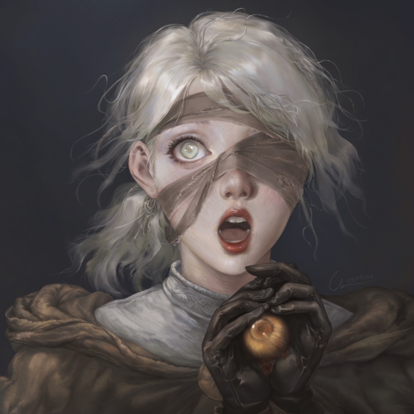 1girl bandages blindfold brown_cloak brown_gloves cloak elden_ring eyeball gloves grey_hair highres holding_eyeball hyetta_(elden_ring) one_eye_covered open_mouth p3n-d shabriri_grape solo