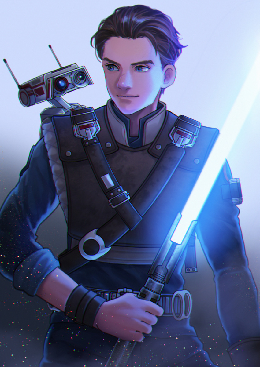 1boy animification antennae bd-1 belt blue_eyes body_armor brown_hair cal_kestis carrying commentary commentary_request commission debris droid energy_beam energy_sword highres jedi light light_particles lightsaber posha-art robot scar science_fiction skeb_commission sparks star_wars star_wars_jedi:_fallen_order sword upper_body weapon wristband