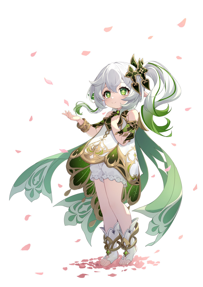 1girl absurdres bare_shoulders bloomers blush cape child cross-shaped_pupils detached_sleeves dress falling_petals full_body genshin_impact gradient_hair green_cape green_eyes green_hair green_sleeves hair_between_eyes hair_ornament half_crown_braid highres jinfengkaze leaf_hair_ornament long_hair multicolored_hair nahida_(genshin_impact) on_petals petals pointy_ears rose_petals side_ponytail smile solo standing stirrup_footwear symbol-shaped_pupils toeless_footwear underwear white_background white_bloomers white_dress