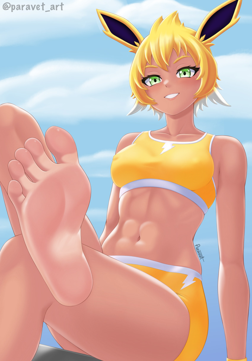 1girl abs absurdres artist_name barefoot blonde_hair blush bra collarbone covered_erect_nipples crossed_legs feet female_focus foot_focus foot_out_of_frame foreshortening gen_1_pokemon green_eyes highres jolteon looking_at_viewer muscular muscular_female navel nintendo paravet personification pokemon short_hair shorts signature sitting sky smile soles solo sports_bra teeth thighs toes twitter_username underwear yellow_bra yellow_shorts