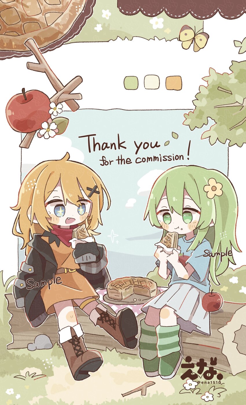 +_+ 2girls :d absurdres apple apple_print artist_name belt black_jacket blue_eyes blue_shirt blush_stickers boots borrowed_character brown_belt brown_boots brown_shoes bug butterfly closed_mouth cloud commentary_request day double-parted_bangs dress eating ena_1510 flower fold-over_boots food food_print fruit fruit_print full_body grass green_eyes green_hair green_socks grey_skirt hair_flower hair_ornament highres holding holding_food insect jacket lace-up_boots log long_hair long_sleeves loose_socks multiple_girls open_clothes open_jacket open_mouth orange_dress orange_hair original outdoors pie pleated_skirt print_shirt red_scarf sample_watermark scarf shirt shoes short_sleeves sitting skirt sleeves_past_fingers sleeves_past_wrists smile socks stick striped_clothes striped_socks thigh_strap twitter_username watermark x_hair_ornament
