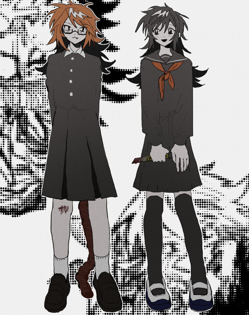 2girls :3 black_eyes black_hair black_serafuku black_thighhighs blood bloody_weapon boxcutter commentary_request fang fang_out genderswap genderswap_(mtf) glasses grey_background highres holding holding_boxcutter holding_organ intestines long_hair multiple_girls orange_hair randal&#039;s_friends randal_ivory school_uniform serafuku skirt standing tami_tome_mo thighhighs tsukada_satoru weapon
