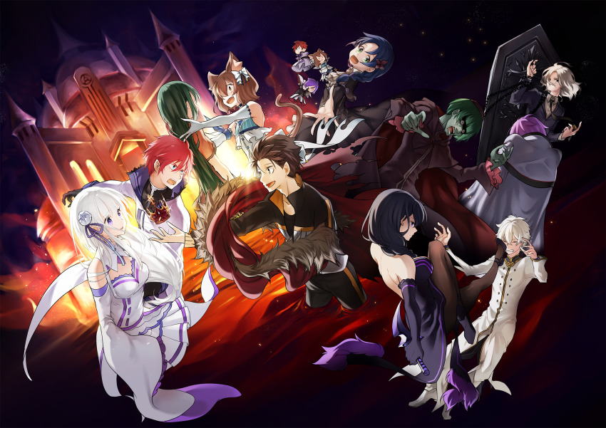 4girls 6+boys black_hair blue_hair cat_boy chain character_doll colored_skin crown crusch_karsten doll elsa_granhilte emilia_(re:zero) felix_argyle ferris_(jussai_no_saikyou_madoushi) fire green_hair green_skin highres inawa_akito julius_juukulius meili_portroute multiple_boys multiple_girls natsuki_subaru otto_suewen petelgeuse_romaneeconti re:zero_kara_ayamatsu_isekai_seikatsu re:zero_kara_hajimeru_isekai_seikatsu regulus_corneas reinhard_van_astrea trap white_hair