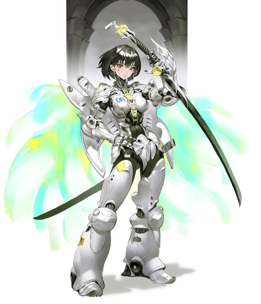 1girl absurdres arm_up arowana2111 black_hair blue_eyes blush breasts closed_mouth cyborg energy full_body hand_on_own_hip highres holding holding_sword holding_weapon katana looking_at_viewer mechanical_arms mechanical_hands mechanical_legs mechanical_wings medium_breasts metal original short_hair solo standing sword unsheathed weapon white_background wings