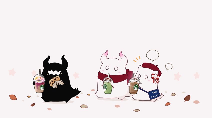 3others apron beret bow cookie cup disposable_cup drink drinking drinking_straw eating food grey_background hat highres holding holding_cup holding_food horns hoshikui multiple_others no_humans notice_lines original red_scarf scarf shoutarou_(shoutarotttt) simple_background speech_bubble star_(symbol) striped_bow white_background white_eyes