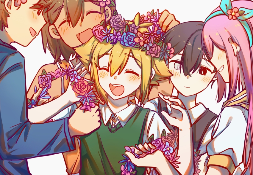 1girl 4boys antenna_hair aubrey_(faraway)_(omori) aubrey_(omori) bailan1130 basil_(faraway)_(omori) basil_(omori) black_eyes black_hair black_sweater_vest blonde_hair blue_hairband blue_sweater blush bright_pupils brothers brown_eyes brown_hair cataracts closed_eyes closed_mouth collared_shirt dark-skinned_male dark_skin flower green_sweater_vest grey_eyes grin hair_flower hair_ornament hairband head_wreath hero_(faraway)_(omori) hero_(omori) highres jacket kel_(faraway)_(omori) kel_(omori) long_hair long_sleeves looking_at_another multiple_boys omori open_mouth pink_hair shirt short_hair short_sleeves siblings smile spoilers sunny_(omori) sweater sweater_vest teeth upper_teeth_only white_jacket white_pupils white_shirt
