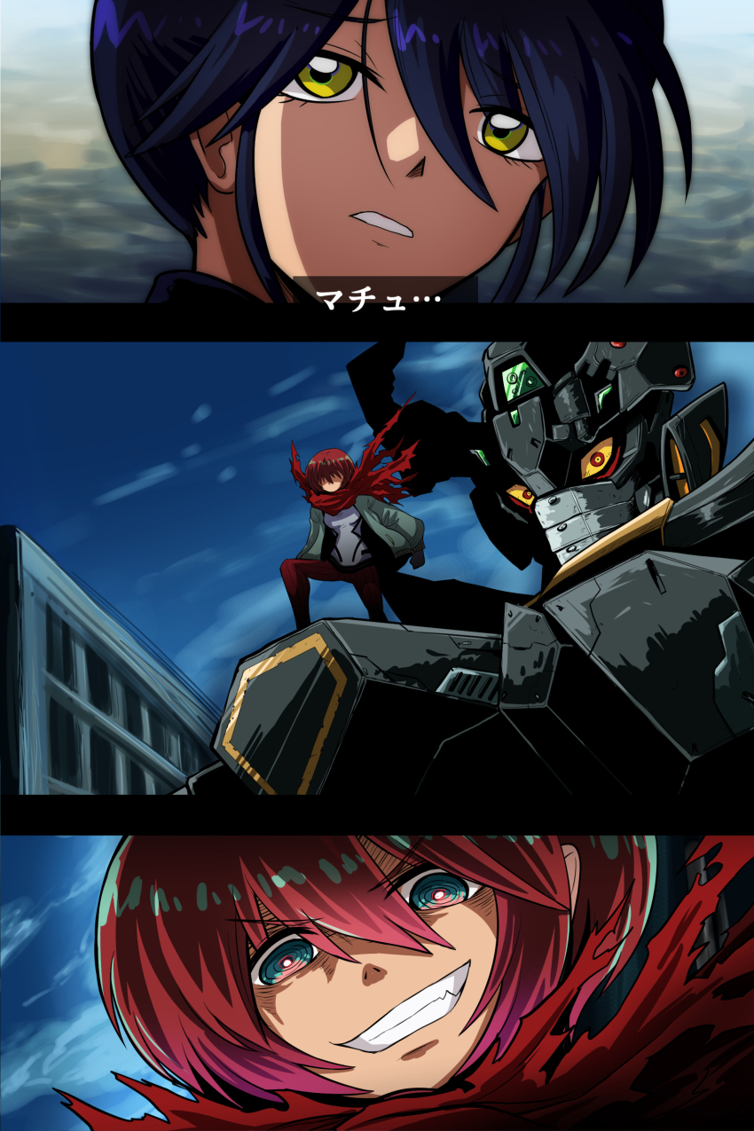1girl 2girls absurdres amate_yuzuriha aqua_eyes black_getter black_hair bodysuit breasts cape commentary_request fujitaka_nasu getter_robo gundam gundam_gquuuuuux hair_bun highres jacket long_hair looking_at_viewer mecha mecha_pilot_suit multicolored_bodysuit multiple_girls nagare_ryoma normal_suit_(gundam) nyaan_(gundam_gquuuuuux) open_mouth parody red_hair robot scarf science_fiction shin_getter_robo short_hair smile style_parody torn_clothes translated yellow_eyes