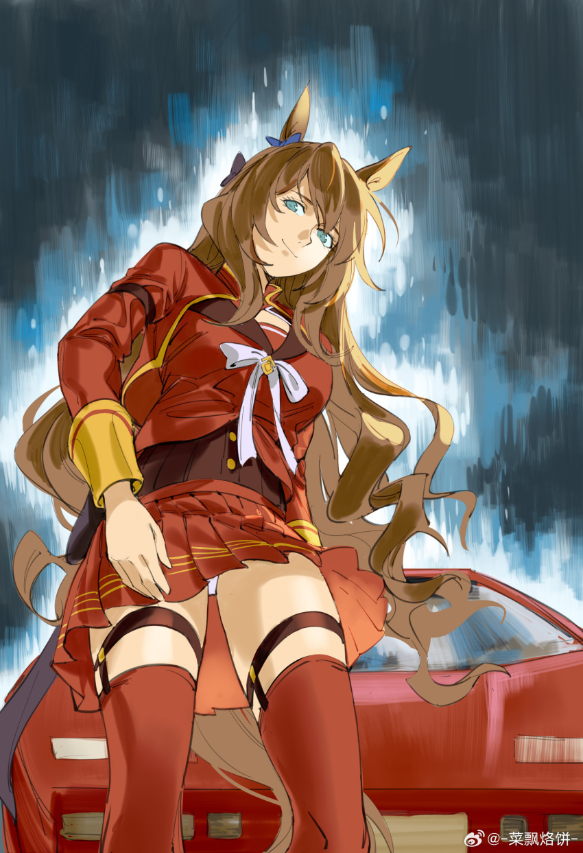 1girl absurdres animal_ears background_request black_bow blue_eyes bow breasts brown_hair buttons car chinese_commentary closed_mouth commentary_request cowboy_shot cropped_jacket double-breasted ear_bow hair_between_eyes hair_bow highres horse_ears horse_girl horse_tail jacket long_hair long_sleeves maruzensky_(umamusume) medium_breasts motor_vehicle open_clothes open_jacket panties pleated_skirt red_jacket red_serafuku red_shirt red_skirt ruukii_drift school_uniform serafuku shirt sidelocks skirt smile solo sports_car tail thigh_strap thighhighs umamusume underwear watermark weibo_watermark white_bow white_panties