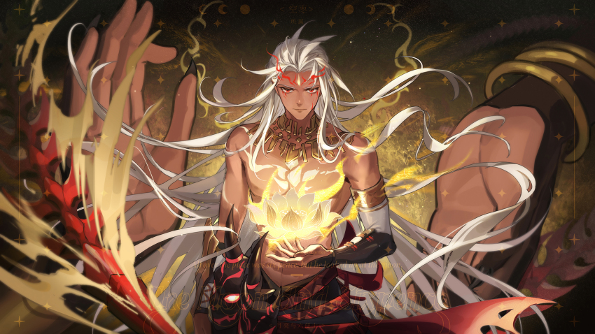 1boy asura_(onmyoji) bangle bare_shoulders bracelet bridal_gauntlets chinese_commentary closed_mouth commentary_request dark-skinned_male dark_skin english_text eyelashes facepaint facial_mark floating floating_hair floating_object flower forehead_jewel forehead_mark giant_hand glowing hand_up highres japanese_clothes jewelry kongzao long_hair looking_at_viewer lotus male_focus mask unworn_mask necklace onmyoji parted_bangs red_eyes serious shirt sidelocks solo star_(symbol) upper_body very_long_hair white_shirt