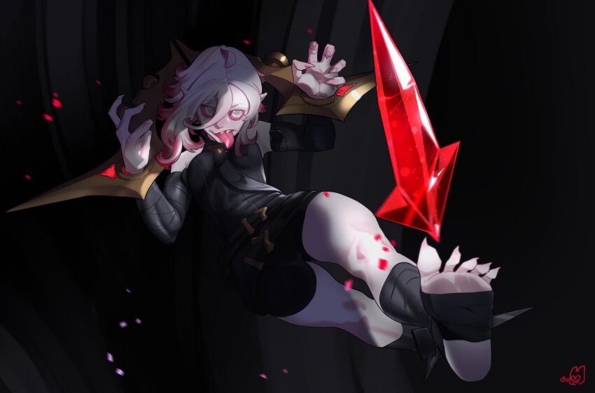 1girl ahoge belt black_belt briar_(league_of_legends) colored_sclera commentary detached_sleeves english_commentary feet fingernails full_body gem gradient_hair grey_hair hair_between_eyes highres hong_doo league_of_legends legs long_hair looking_at_viewer multicolored_hair no_shoes outstretched_foot pale_skin pink_hair pointy_ears red_gemstone red_sclera serious sharp_fingernails sharp_teeth sidelocks soles solo stirrup_legwear teeth toeless_legwear toenails toes tongue tongue_out two-tone_hair vampire white_eyes wrist_cuffs