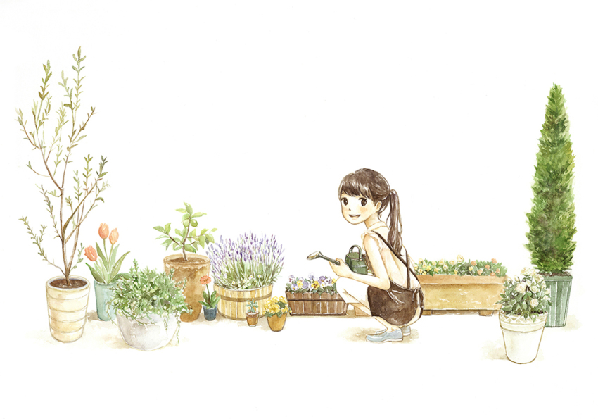 1girl bare_arms blue_flower blue_footwear brown_eyes brown_hair brown_overalls casual dirt flower from_behind from_side full_body gardening holding holding_watering_can light_blush long_hair looking_to_the_side open_mouth original overalls pants plant ponytail potted_plant purple_flower red_flower red_tulip shirt simple_background sleeveless smile solo squatting swept_bangs teeth tokoyu tulip turning_head watering_can white_background white_flower white_pants white_shirt wide_shot yellow_flower