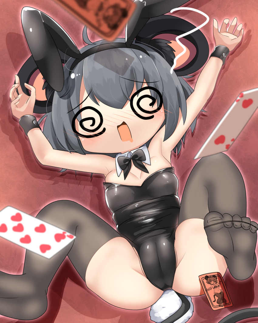 1girl @_@ alternate_costume animal_ears arms_up black_bow black_bowtie black_leotard blush bow bowtie breasts cameltoe card cookie_(touhou) detached_collar fake_animal_ears fake_tail full_body grey_hair grey_thighhighs highres large_breasts leotard lets0020 lying mouse_ears mouse_girl mouse_tail nazrin no_shoes nose_blush nyon_(cookie) on_back open_mouth playboy_bunny playing_card rabbit_ears rabbit_tail red_background short_hair soles solo strapless strapless_leotard tail thighhighs toes touhou wrist_cuffs