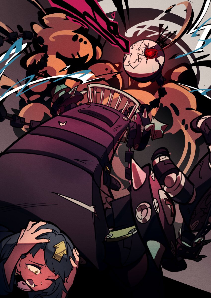 1girl absurdres arrow_(symbol) arrow_hair_ornament bedman? black_dress bolt_(hardware) delilah_(guilty_gear) dress glowing glowing_eye green_hair guilty_gear guilty_gear_strive highres long_sleeves looking_to_the_side mechanical_arms medium_hair non-humanoid_robot one_eye_closed onozawa_(buresu21) robot screw yellow_eyes