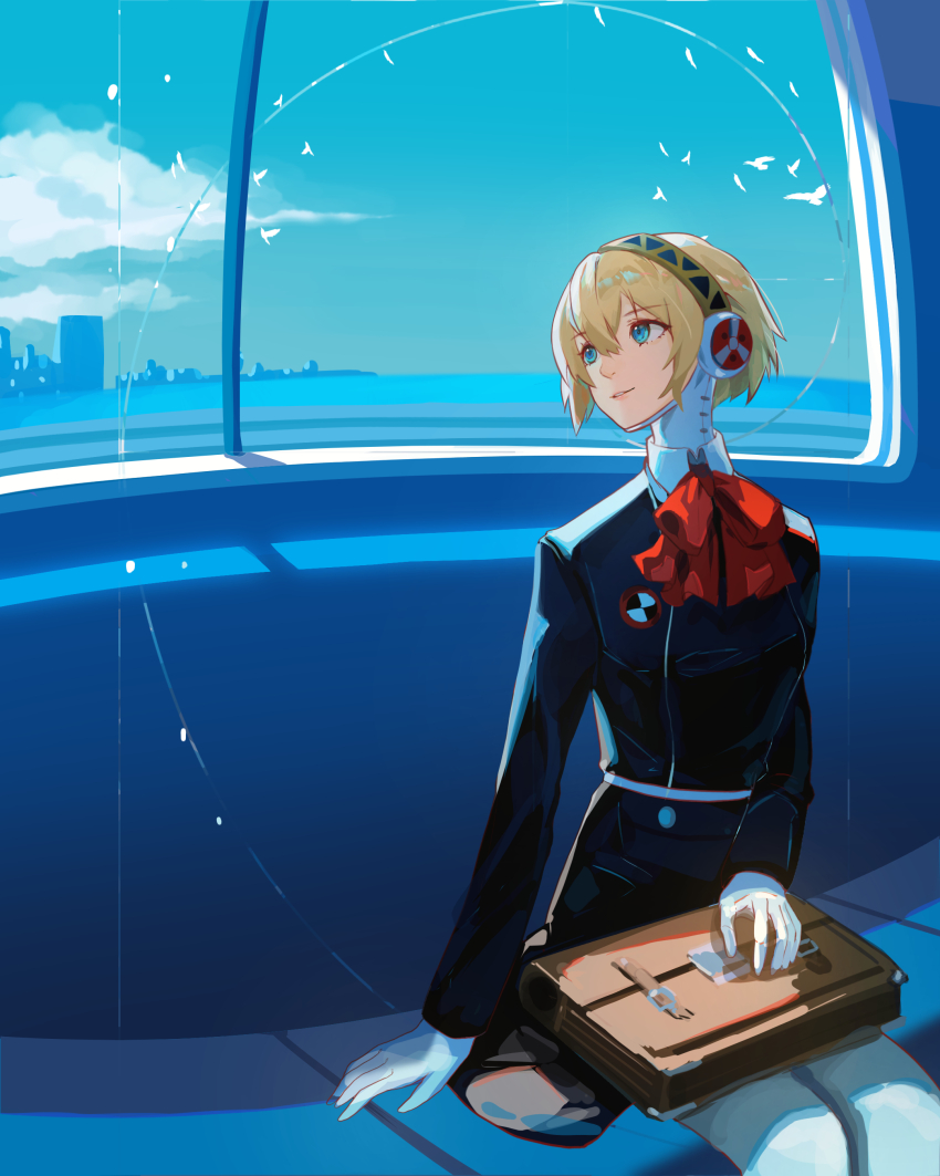 1girl absurdres aigis_(persona) android arm_at_side bag bag_on_lap black_jacket black_skirt blonde_hair blue_eyes blue_sky bow brown_bag cityscape commentary day feet_out_of_frame gekkoukan_high_school_uniform gold_hairband hair_between_eyes hairband highres jacket light_smile looking_back looking_outside mechanical_hands mechanical_legs omegarer parted_lips persona persona_3 red_bow robot_ears school_bag school_uniform short_hair simple_bird sitting skirt sky solo train_interior window