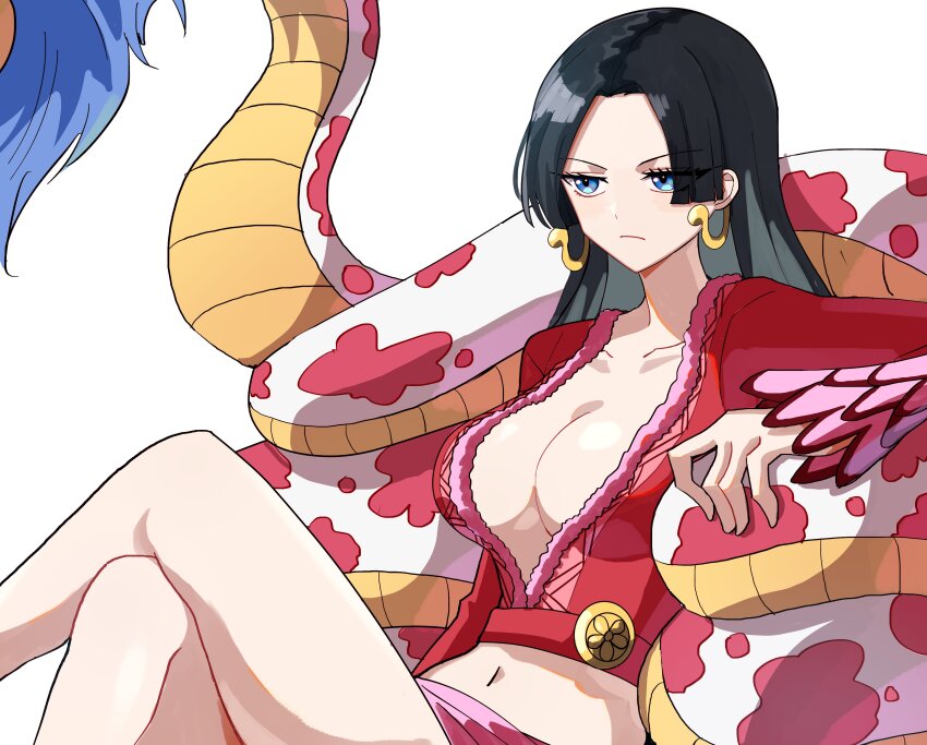 1girl absurdres animal black_hair blue_eyes boa_hancock breasts cleavage commentary_request crop_top crossed_legs earrings highres jewelry kasuga_kaya korean_commentary large_breasts long_hair long_sleeves looking_ahead navel one_piece plunging_neckline red_shirt salome_(one_piece) shirt snake snake_earrings solo