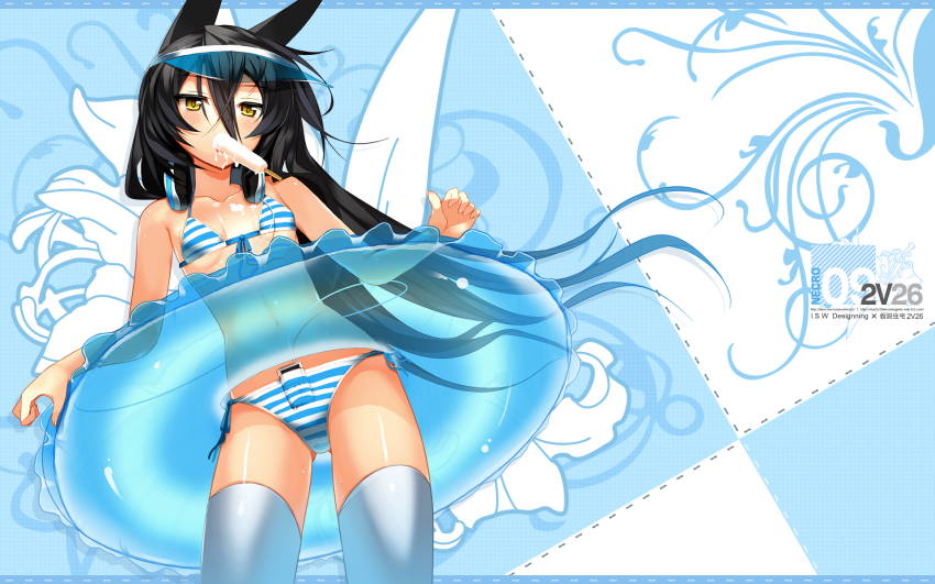 1girl animal_ears bikini black_hair blue_bikini blush breasts cat_ears char collarbone digital_media_player female_focus food front-tie_bikini_top front-tie_top headphones highres ipod jitome long_hair navel necro-san object_in_clothes object_in_swimsuit original popsicle sexually_suggestive side-tie_bikini_bottom small_breasts solo string_bikini striped_bikini striped_clothes suggestive_fluid swimsuit thighhighs transparent very_long_hair visor visor_cap yellow_eyes