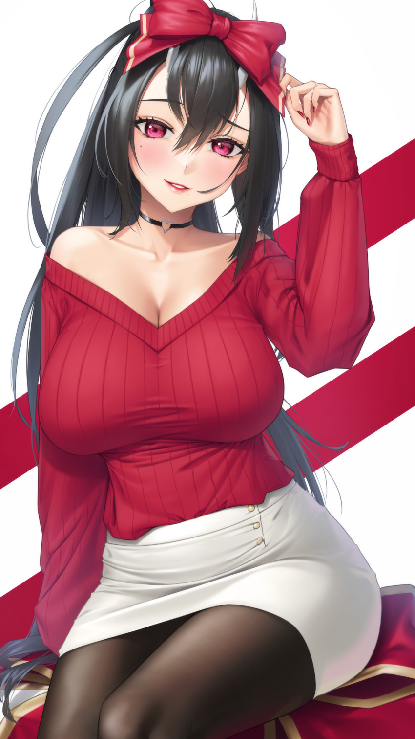 absurdres black_hair black_pantyhose bow breasts choker christmas cleavage formal_clothes hair_bow highres horns large_breasts lips looking_at_viewer miniskirt mole mole_under_eye nail_polish oni original pantyhose pencil_skirt red_eyes red_sweater silver_tokki sitting skirt skirt_suit smile solo suit sweater tight_skirt v-neck white_skirt
