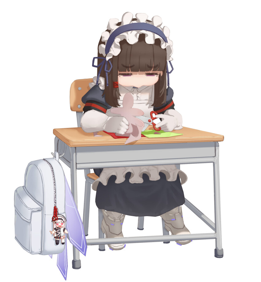 1girl aged_down apron bag bag_charm black_dress black_hair black_lilith_(last_origin) blunt_bangs boots chair charm_(object) child commentary desk dress elbow_gloves frilled_apron frilled_hairband frills full_body gloves greentree hairband highres holding holding_scissors last_origin long_hair looking_at_object looking_down maid maid_apron maid_headdress on_chair purple_eyes school_bag school_desk scissors scissors_lise short_sleeves simple_background sitting solo white_background white_bag white_boots white_gloves