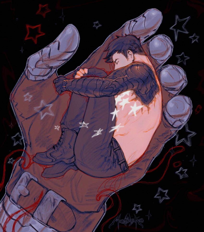 1boy black_background black_boots black_hair black_pants boots bucky_barnes captain_america_(series) closed_eyes commentary curled_up english_commentary highres holding knees_up male_focus marvel mini_person miniboy mohishko pants prosthesis prosthetic_arm scar short_hair sideburns solo star_(symbol) topless_male