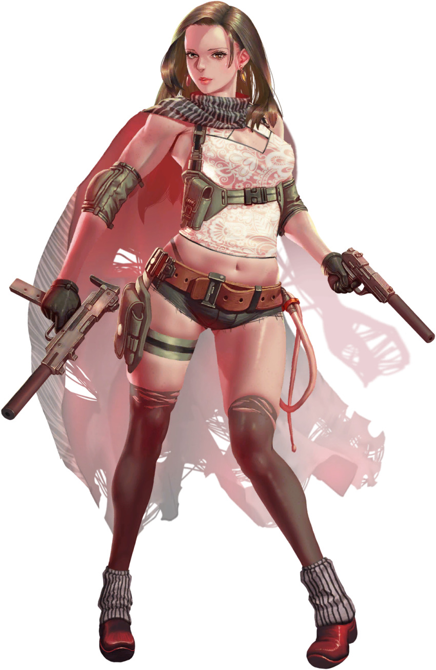 1girl alison_(crystal_maidens) artist_request asymmetrical_dual_wielding bad_source bare_shoulders belt black_gloves breasts brown_eyes brown_hair crystal_maiden_(series) dual_wielding earrings floral_print full_body game_cg gloves gun handgun highres holding jewelry micro_shorts navel official_art shorts solo suppressor third-party_source transparent_background variant_set weapon whip