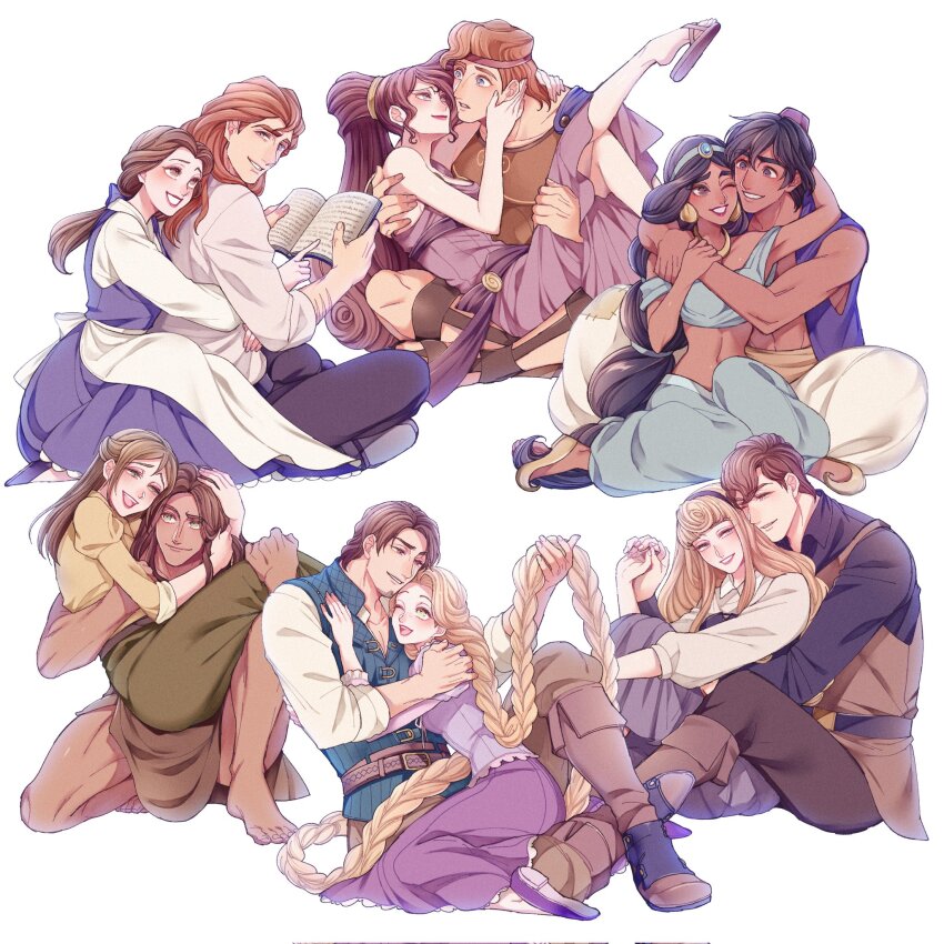1girl aladdin_(disney) aladdin_(movie) aurora_(disney) beauty_and_the_beast_(disney) belle_(disney) black_hair blonde_hair breasts brown_hair disney_princess dress flower flynn_rider green_eyes hair_ornament hercules_(1997_movie) hercules_(disney) highres jane_porter jasmine_(disney) long_hair long_sleeves looking_at_viewer megara_(disney) mizala multiple_girls phillip_(disney) prince_adam_(disney) purple_dress rapunzel_(disney) short_hair sleeping_beauty_(disney) smile tangled tarzan_(disney) tarzan_(disney_movie) very_long_hair