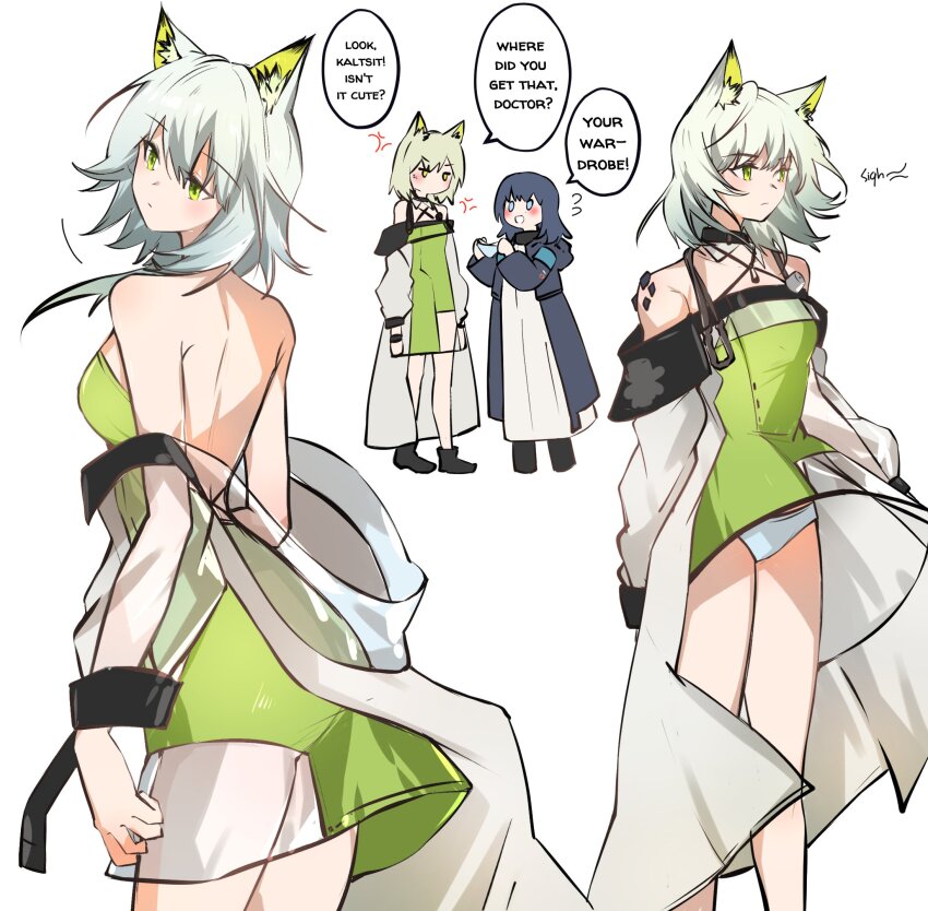 2girls anger_vein animal_ear_fluff animal_ears arknights arya_melati bare_shoulders black_coat black_hair blue_eyes blush coat commentary doctor_(arknights) dress english_commentary english_text female_doctor_(arknights) green_dress green_eyes grey_hair highres holding kal&#039;tsit_(arknights) long_sleeves material_growth medium_hair multiple_girls off_shoulder oripathy_lesion_(arknights) panties see-through_clothes see-through_sleeves simple_background speech_bubble stethoscope stethoscope_around_neck underwear white_background white_coat white_panties yuri