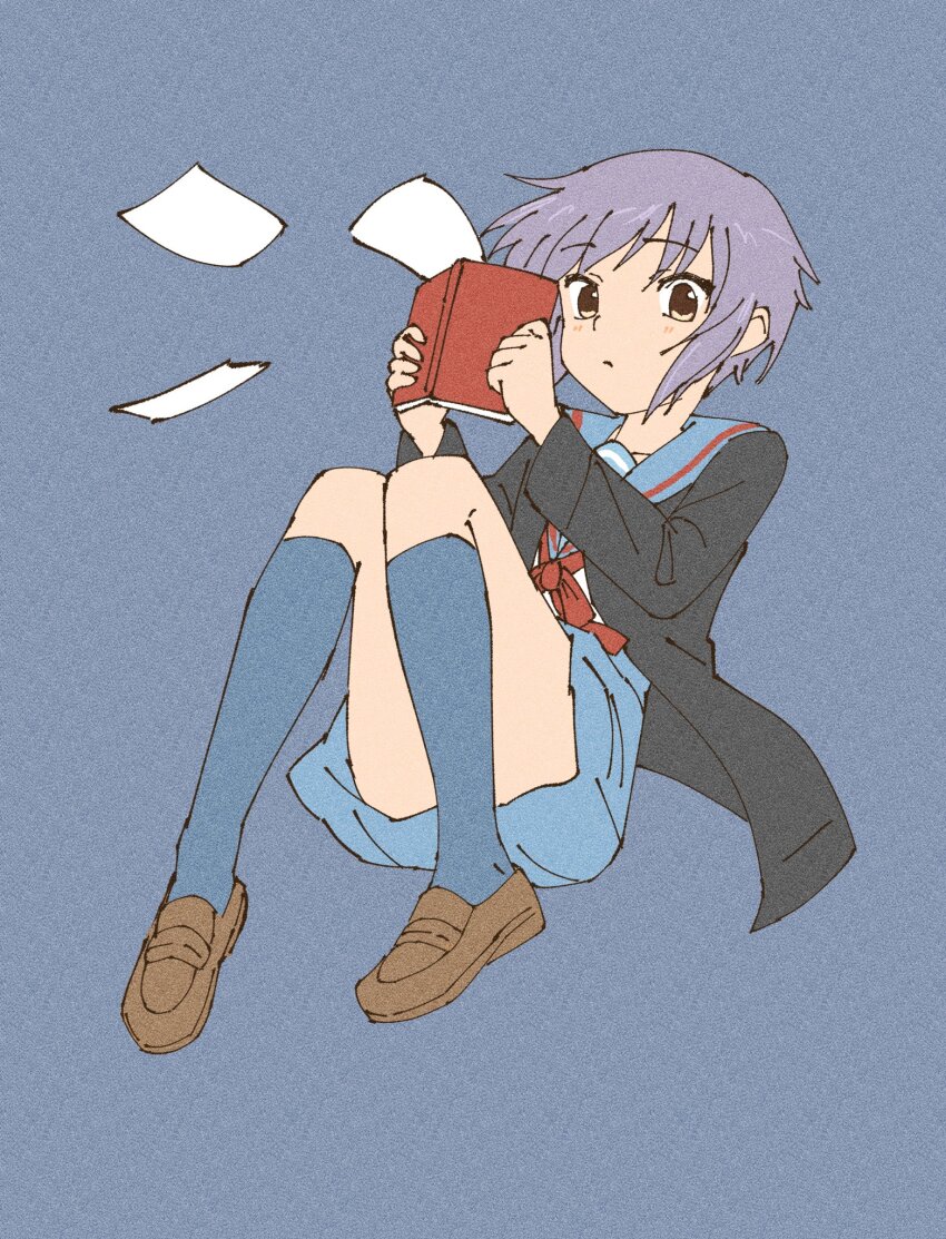 1girl black_cardigan blue_background blue_skirt blue_socks book brown_eyes brown_shoes cardigan closed_mouth full_body highres holding holding_book kita_high_school_uniform light_blush loafers looking_at_viewer nagato_yuki paper purple_hair sailor_collar school_uniform serafuku shoes short_hair skirt socks solo suzumiya_haruhi_no_yuuutsu waka_849