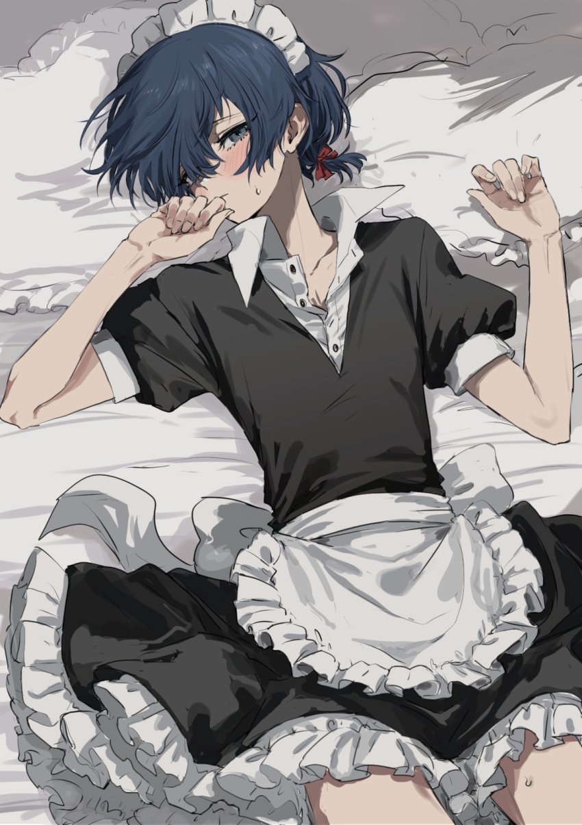 1boy alternate_costume apron black_dress blue_eyes blue_hair blush closed_mouth commentary_request crossdressing dress enmaided frills hair_between_eyes hair_ribbon highres looking_at_viewer lying maid maid_headdress male_focus on_back persona persona_3 puffy_short_sleeves puffy_sleeves red_ribbon ribbon short_sleeves solo sweat tamaon_2525 trap waist_apron yuuki_makoto_(persona_3)