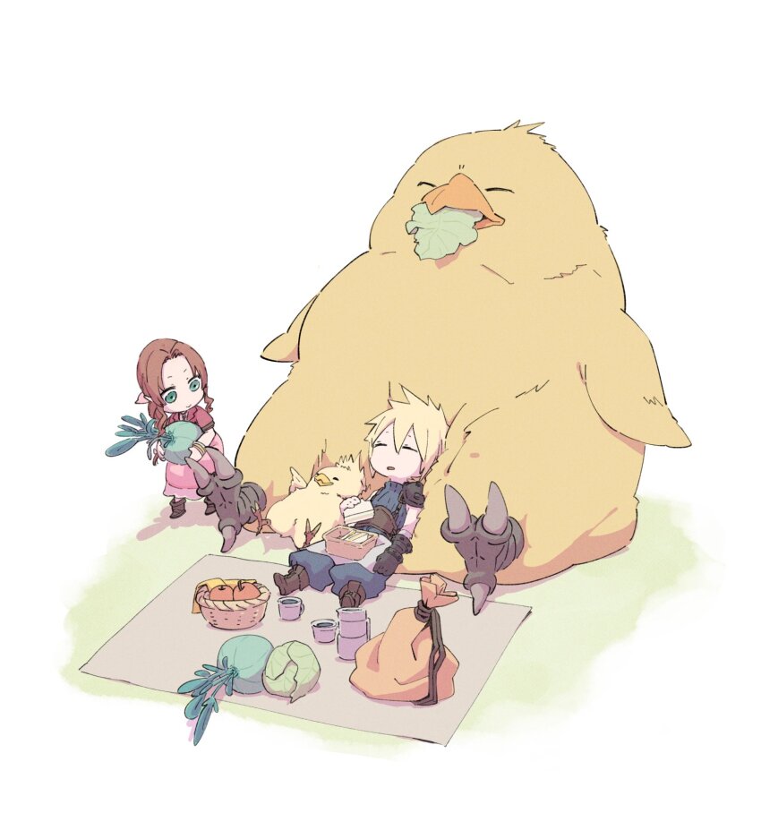 1boy 1girl aerith_gainsborough armor baby_animal baggy_pants bangle belt bento bird blonde_hair blue_pants blue_shirt boots bracelet brown_belt brown_footwear brown_hair cabbage chibi chick chocobo closed_eyes cloud_strife cup dress fat_chocobo final_fantasy final_fantasy_vii final_fantasy_vii_rebirth final_fantasy_vii_remake food food_in_mouth fruit green_eyes hair_between_eyes hair_ribbon highres holding holding_food holding_vegetable jacket jewelry long_hair orange_(fruit) pants parted_bangs picnic picnic_blanket pink_dress pink_ribbon red_jacket ribbon ringon sack shirt short_hair shoulder_armor sidelocks single_shoulder_pad sleeping smile spiked_hair suspenders vegetable white_background yellow_bird