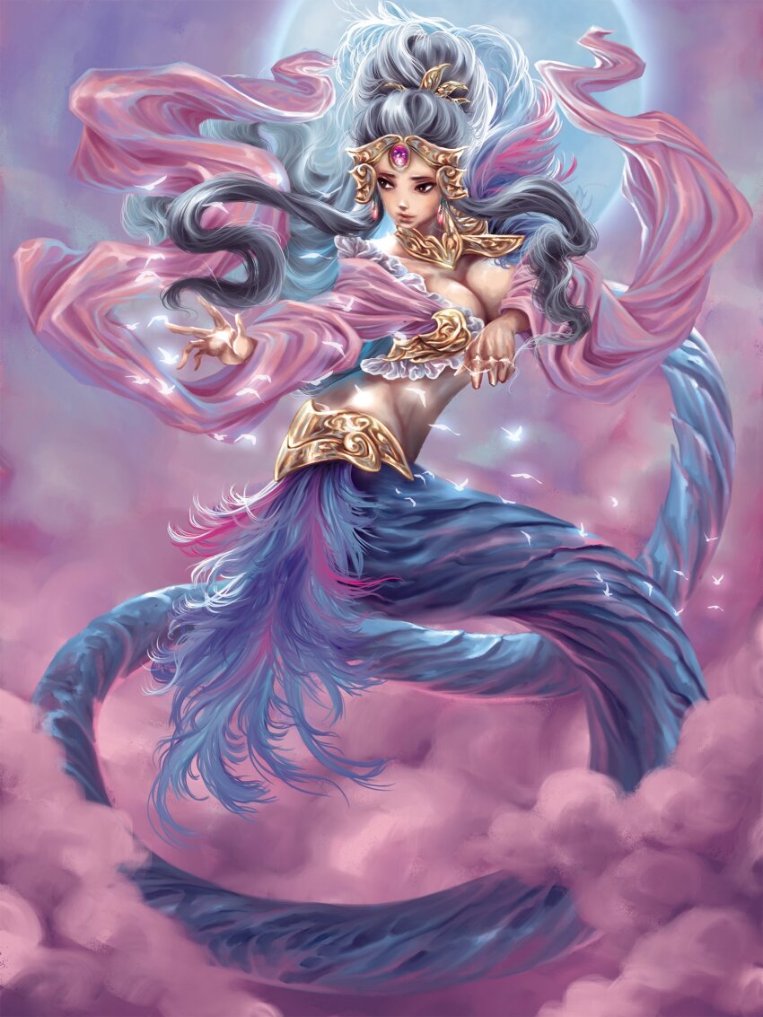 1girl bird black_eyes black_hair blue_feathers blue_scales breasts chinese_mythology cloud feather_hair_ornament feathers floating frilled_shirt frills full_moon gem glowing_bird gold_ring gold_tiara gorget hair_ornament highres lamia large_breasts long_sleeves looking_to_the_side monster_girl moon nuwa_(chinese_mythology) outdoors pink_clouds pink_feathers pink_gemstone pink_shawl pink_sky pursed_lips reaching shawl shirt sky solo stomach tan very_long_tail yunaxd