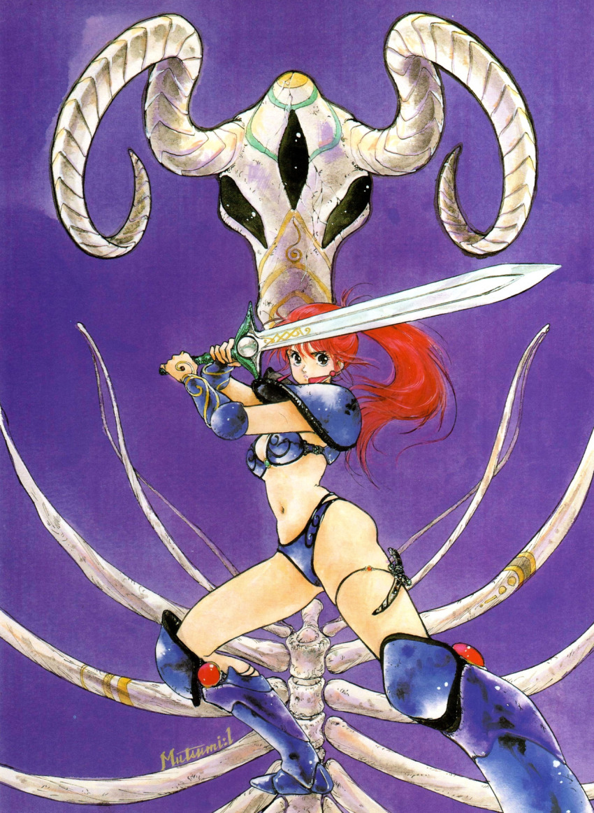 1980s_(style) 1girl armor armored_boots asagiri_youko bikini_armor bone boots female_focus fighting_stance genmu_senki_leda high_side_ponytail highres holding holding_sword holding_weapon horns inomata_mutsumi knee_boots looking_at_viewer monster navel oldschool pauldrons red_hair retro_artstyle shoulder_armor side_ponytail signature solo sword two-handed weapon