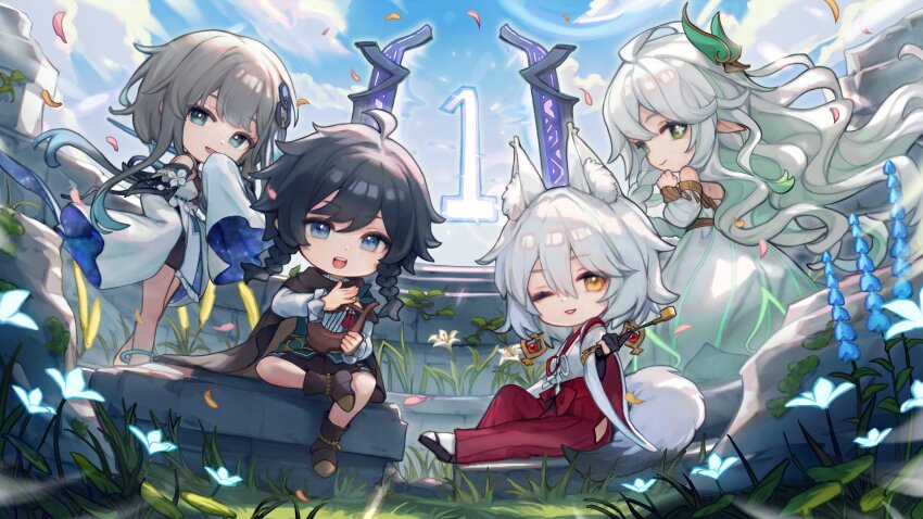 1boy 3girls absurdres ahoge animal_ears bare_shoulders bibimbub black_hair blue_eyes blue_flower braid brown_cloak brown_hair cape chibi chibi_only cloak cloud commentary cross-shaped_pupils detached_sleeves dress english_commentary flower fox_ears frilled_sleeves frills genshin_impact gradient_hair green_eyes grey_hair guizhong_(genshin_impact) hair_between_eyes hair_ornament highres holding holding_smoking_pipe instrument japanese_clothes kitsune_saiguu leaf_hair_ornament long_hair long_sleeves looking_at_viewer lute_(instrument) lyre miko multicolored_hair multiple_girls nameless_bard_(genshin_impact) open_mouth outdoors pointy_ears rukkhadevata_(genshin_impact) shirt short_hair short_hair_with_long_locks sitting sleeves_past_wrists smile smoking_pipe symbol-shaped_pupils very_long_hair white_dress white_flower white_hair white_shirt wide_sleeves yellow_eyes