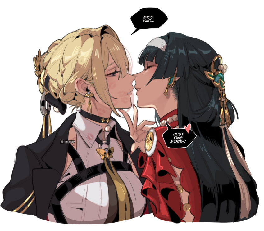 2girls astra_yao black_choker black_hair black_jacket blonde_hair blunt_bangs choker closed_eyes collared_shirt commentary couple dress earrings english_text evelyn_chevalier eyebrows_hidden_by_hair hair_between_eyes hair_up hairband half-closed_eyes hand_up heart imminent_kiss jacket jacket_on_shoulders jewelry lipstick_mark lipstick_mark_on_face long_hair looking_at_another maiqo multiple_girls neck necklace parted_lips purple_eyes red_dress shirt short_hair simple_background sleeveless sleeveless_shirt speech_bubble spoken_heart straight_hair symbol-only_commentary talking upper_body white_background white_hairband white_shirt yuri zenless_zone_zero