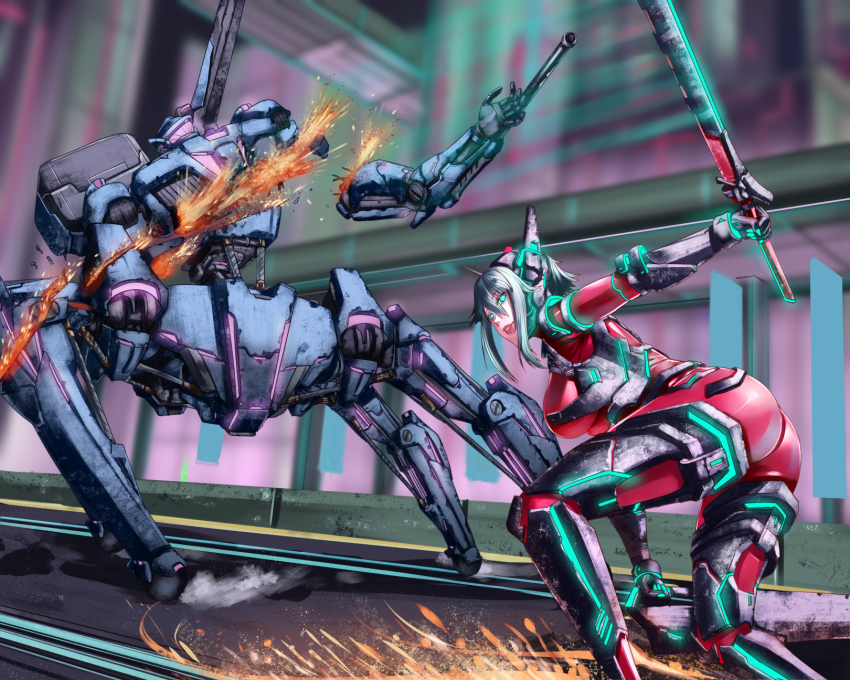 1girl android battle black_gloves bodysuit breasts chin_guard clip_studio_paint_(medium) gloves glowing_nails grey_hair highres hiki_34 holding holding_sword holding_weapon horns large_breasts mecha mecha_musume mechanical_legs power_symbol-shaped_pupils red_bodysuit robot short_hair sidelocks slit_pupils sword symbol-shaped_pupils two-sided_gloves virtual_youtuber vshojo weapon white_hair zentreya zentreya_(cyborg) zentreya_(cyborg)_(1st_costume)