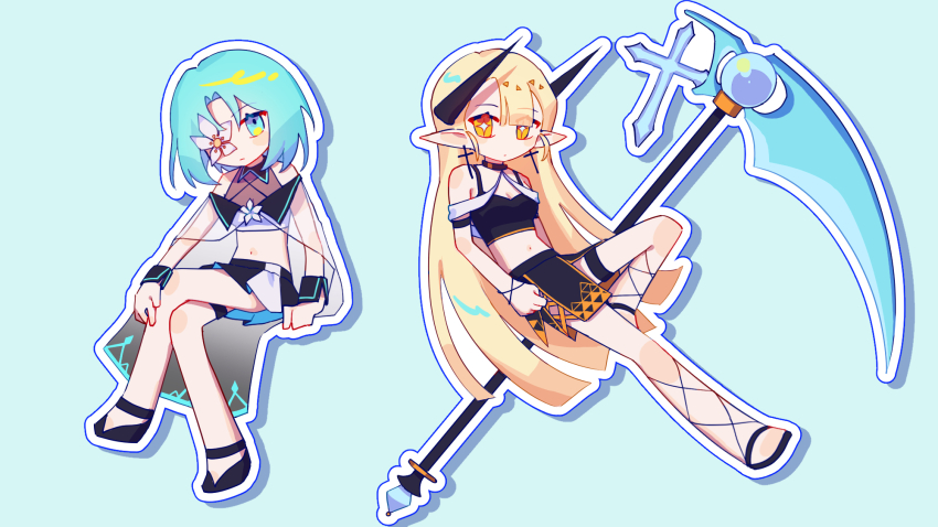 +_+ 2girls arcaea bare_legs bare_shoulders black_choker black_horns black_ribbon black_sandals black_shirt black_skirt black_wrist_cuffs blonde_hair blue_background blue_eyes blue_hair blunt_bangs blunt_ends bracelet breasts brooch cape character_request choker cleavage clenched_hand closed_mouth collared_shirt commentary_request crop_top cross cross_earrings crossed_legs deformed demon_horns earrings eyelashes eyes_visible_through_hair flower flower_brooch flower_in_eye frown full_body grey_cape grey_shirt hand_on_own_knee highres holding holding_scythe horns huge_weapon invisible_chair jewelry leg_ribbon long_hair medium_hair midriff miniskirt multiple_girls navel outline parted_bangs pleated_skirt pointy_ears re1re133 ribbon sandals saya_(arcaea) scythe see-through_clothes see-through_shawl shadow shawl shirt simple_background sitting skirt skirt_set sparkling_eyes straight_hair symbol_in_eye thigh_strap two-sided_fabric two-sided_skirt two-tone_shirt very_long_hair weapon white_flower white_outline white_shawl white_shirt wrist_cuffs
