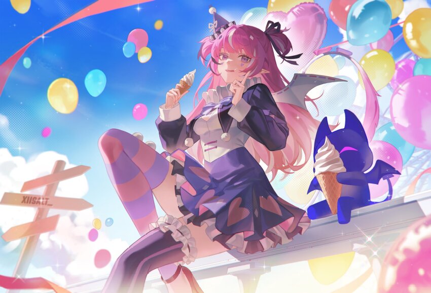 1girl :q against_fence balloon black_hair breasts camila_(vtuber) cleavage_cutout clothing_cutout collar demon_girl demon_tail demon_wings direction_board facial_mark fence food food_on_face frilled_collar frilled_skirt frilled_thighhighs frills hair_ribbon hat high_heels highres holding holding_ice_cream_cone ice_cream ice_cream_cone imp index_finger_raised indie_virtual_youtuber knees_up layered_skirt long_hair long_sleeves looking_at_viewer mismatched_thighhighs multicolored_hair outdoors party_hat pink_hair pointy_ears purple_eyes purple_shrug purple_skirt ribbon shirt shrug_(clothing) sitting skirt sky sleeve_cuffs small_breasts solo streaked_hair striped_clothes striped_thighhighs tail thighhighs three_quarter_view tilted_headwear tongue tongue_out two_side_up virtual_youtuber white_hair white_shirt wings xiisalt